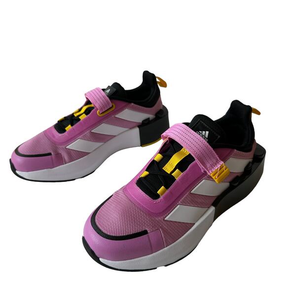 Adidas x Lego Sneakers Tech RNR Elastic Lace Shoes Pink Yellow Youth Size 5.5 38 - Picture 3 of 9
